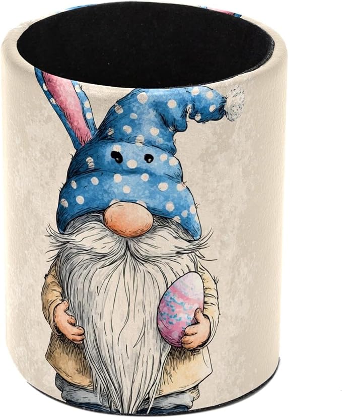 Faux Leather Pen Holder for Desk, Pencil Organizer Cute Easter Elf Pen Cup Desk Decor Makeup Brush Holder Storage for Office Home