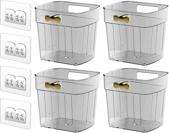 4 Pack Adhesive Cabinet Door Organizer, Compact Pantry Organizers and Storage Bins, Clear Bathroom Storage Organizer Shelf for Narrow Space, Wall Mounted Shower Caddy Hanging Sink Caddy