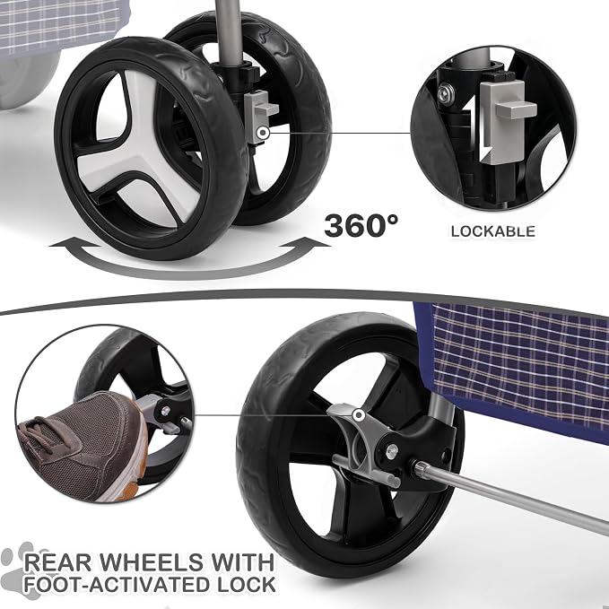 MoNiBloom Pet Stroller for Small/Medium Dogs and Cats up to 33 lbs, Plaid | Foldable Dog Stroller 3 Wheels Pet Strolling Cart w/ Storage Basket Cup Holder, Breathable and Visible Mesh for All-Season