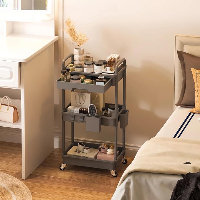 3 Tier Rolling Utility Cart with Drawer, Plastic Storage Organizer Rolling Carts with Wheels Handles Hanging Cups Hooks for Office, Bathroom, Kitchen,Craft Art Room (Grey)