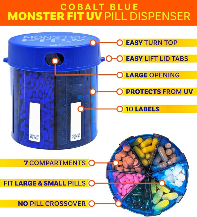 XL Supplement Pill Dispenser Bottle, 7 Compartment, Labels, Easy Open, Anti-Mixing, UV Protected Organizer, Extra Large Monthly Vitamin, Monster Fit Medication Holder (Cobalt Blue, Large) (Pack of 3)