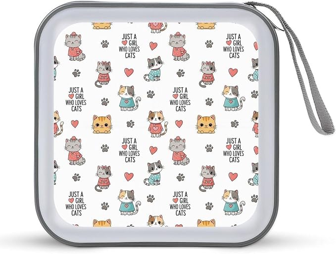 40 Capacity CD Case Holder Cat Disc Wallet Organizer Binder | Portable Zipper DVD Storage with Strap for Car Office Home Travel, Hard Plastic, Just A Girl Who Loves Cat