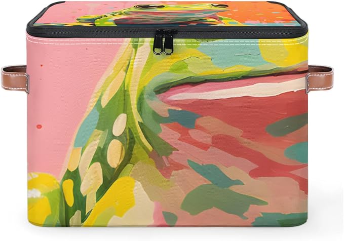 Watercolor Frog Foldable Storage Bin with Lid Zipper | Closet Shelf Organizer, Boxes, Basket Containers for Home, Lidded Storage Cube for Bedroom, Waterproof, with Handles
