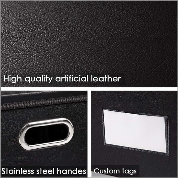 Foldable Storage Bins with Lids [5-Pack] Leather Fabric Collapsible Storage Boxes Organizer Containers Baskets Cube with Cover for Bedroom Closet Office Nursery Black (14.9x10.8x10)