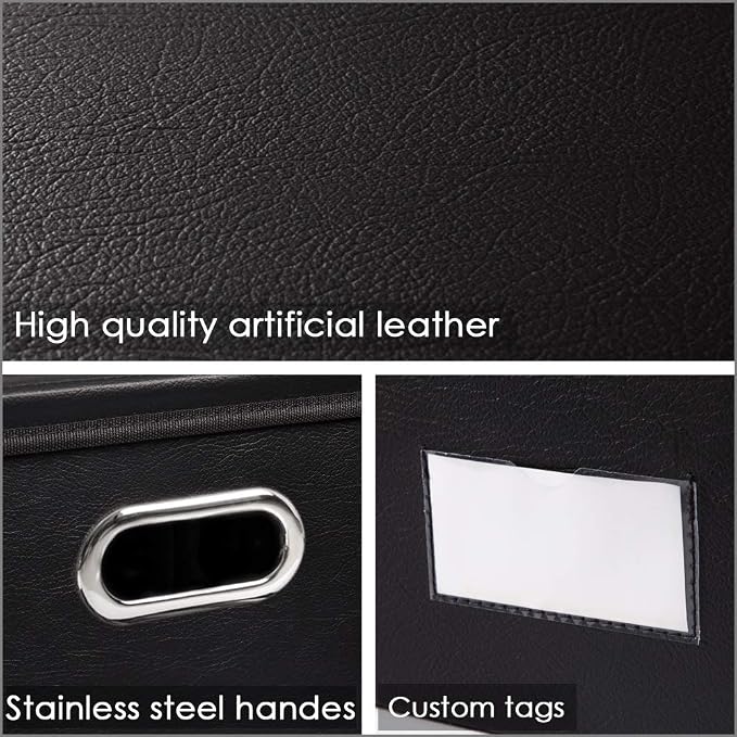 Large Collapsible Storage Bin with Lid [1-Pack] Leather Fabric Foldable Storage Box Organizer Containes Basket Cube with Cover for Home Bedroom Closet Office Nursery Black (17.7x11.8x11.8)