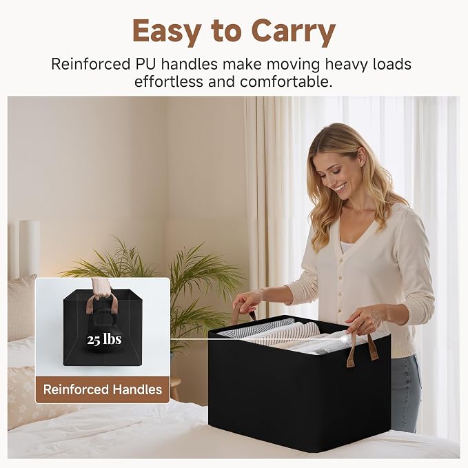 StorageWorks Fabric Storage Bins, Linen Closet Organizers, Black, 2-Pack | 45L, With Reinforced PU Handles, Metal Frame, Collapsible, Storage Basket for Shelves, Closet, Holds Clothes, Towels, Blanket