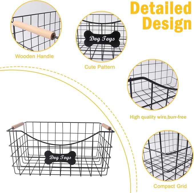 Metal Dog Toy Basket,Indestructible Dog Toy Bin with Wooden Handle,Sturdy Pet Storage Organizer,Ideal for Dog Leash,Blanket,Snacks-15.1 (L) x 10.7 (W) x 7 (H) inches
