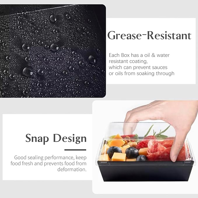 ZORRITA 50 Pack 5 Inch Paper Charcuterie Boxes with Clear Lids, Black | Small, Square, To Go Food Containers, Bakery Boxes, For Mini Cake, Desserts, Cookies, Sandwiches, Strawberries