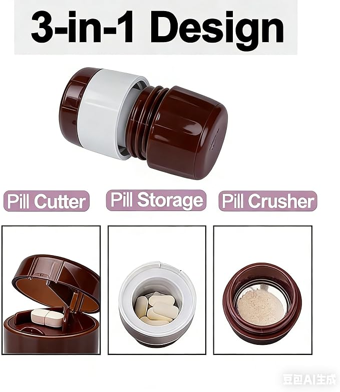 3-in-1 Pill Crusher and Cutter with Storage, BPA-Free Pill Grinder for Fine Powder, Stainless Steel Blade & Grinding Head, Portable Pill Splitter for Elderly, Pets, Travel (Brown)