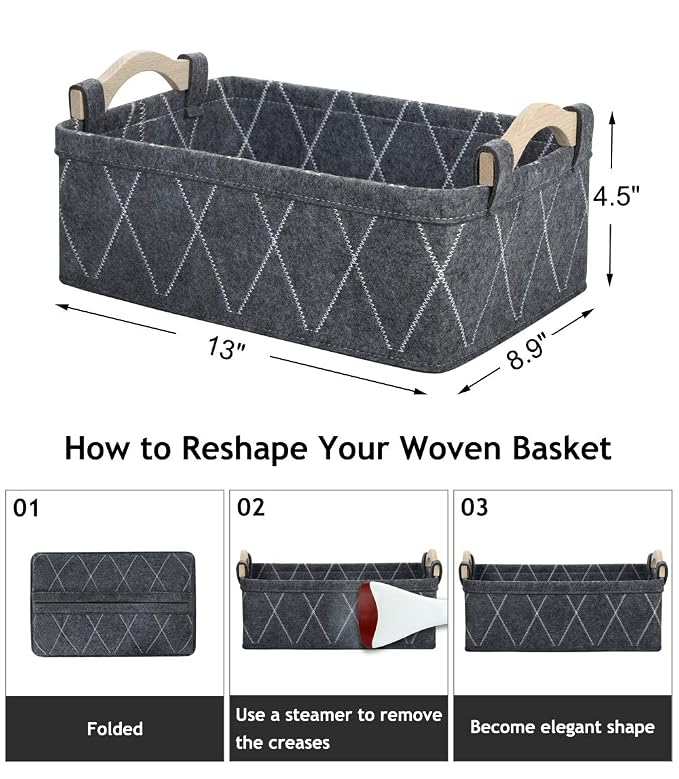 Small Storage Baskets Foldable Rectangle Containers Empty Gift Basket for DVD CD Record Cord Books Video Electronics Items Remote TV Cabinet Organizer with Wooden Handles