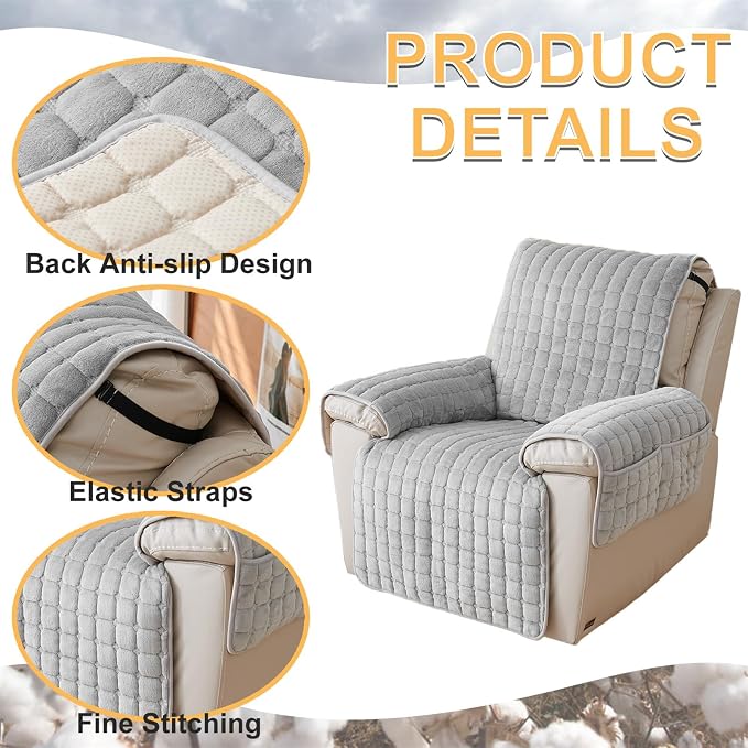 Polyester Flannel Recliner Cover, Non-Slip with 2 Side Pockets | Soft short-pile polyester with silicone backing guards armrests from pet scratches; thick one-piece cover, machine washable.