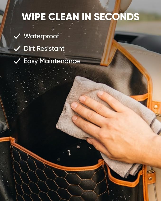 Owleys Back of Seat Organizer for Kids | Car Storage Caddy – 8 Pockets + Transparent Tablet Holder | Waterproof Eco-Leather | 27.5' x 18.5' | Brown+Black | Hanging faux leather backseat organizer, 8 pockets plus a clear tablet pocket, doubles as a kick...