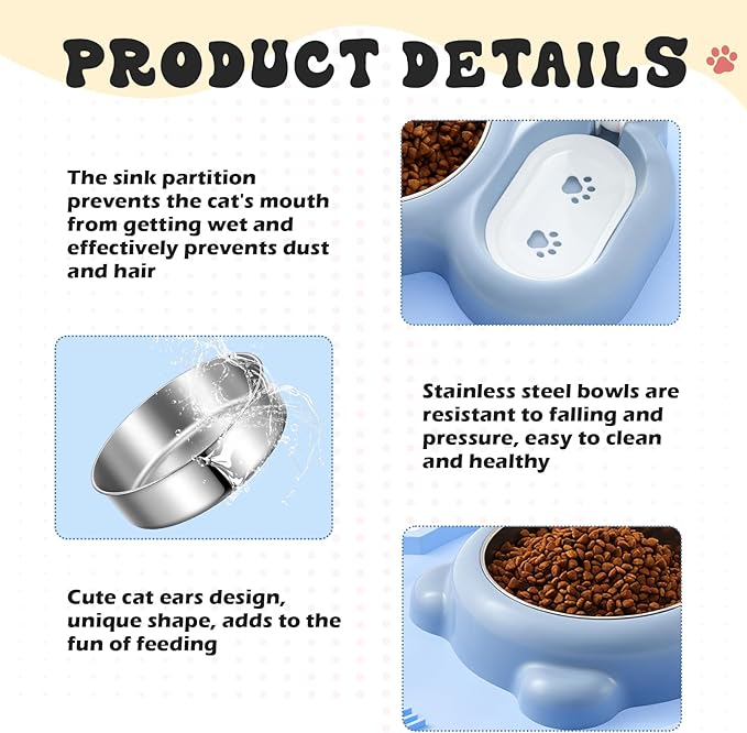 Blue Cat Food and Water Bowl and Non-Slip Silicone Mat Set Stainless Steel Food Bowl with 18.6oz Large Capacity Water Dispenser for Cats and Small Dogs