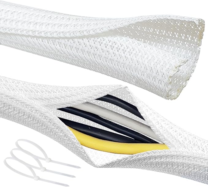 Cable Management Split Wire Loom Sleeve - Cord Hider & Protector for Desk, Pet Chew Proof, Wire Cover Organizer, Flexible Tube for Wires and Cables (1/2 Inch 25FT, White)