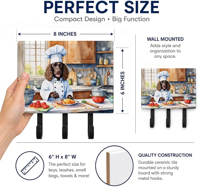 Caroline's Treasures American Water Spaniel The Chef Leash or Key Holder Wall Hooks, Key Hooks Holder, Coat Rack Wall Mount, Coat Hooks, Hooks for Hanging Keys, Towels, Aprons, Leashes | American Water Spaniel The Chef artwork on ceramic tile with thre...