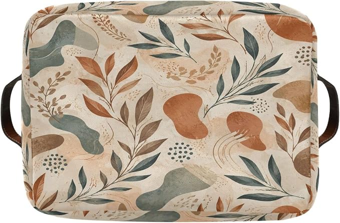 Kigai Storage Basket, Fabric Collapsible Closet Organizer Bin | Earthy Leaves Waterproof Foldable Canvas Basket with Handles for Shelves, Nursery, Closet, Bedroom & Bathroom