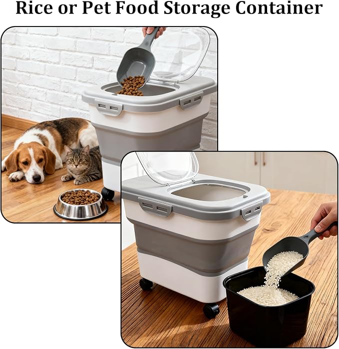 20-30 Lbs Grey Collapsible Airtight Rice Pet Food Storage Container | With Rolling Wheels Lock Lid Scoop Cup, Large Bin for Rice Flour Pet Food Home Storage