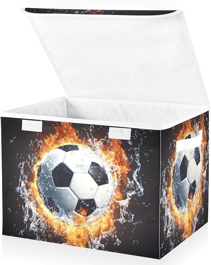 Soccer Fire Storage Bins with Lid Foldable Storage Boxes 40L Baskets | Decorative Storage Boxes, Dust-Proof Flip Top, Reinforced Handles, For Home & Bedroom, Clothes & Toy Box, Oxford Fabric Print