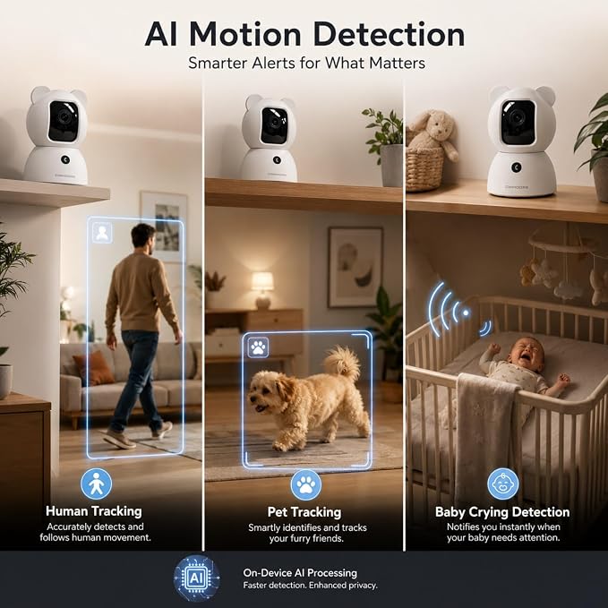 2.5K Indoor Security Camera, Non-Subscription AI Person/Pet/Cry Detection, 4MP Pet/Dog/Cat/Baby Camera, 2-Way Audio for Home Security, Siren, Night Vision, 4pack