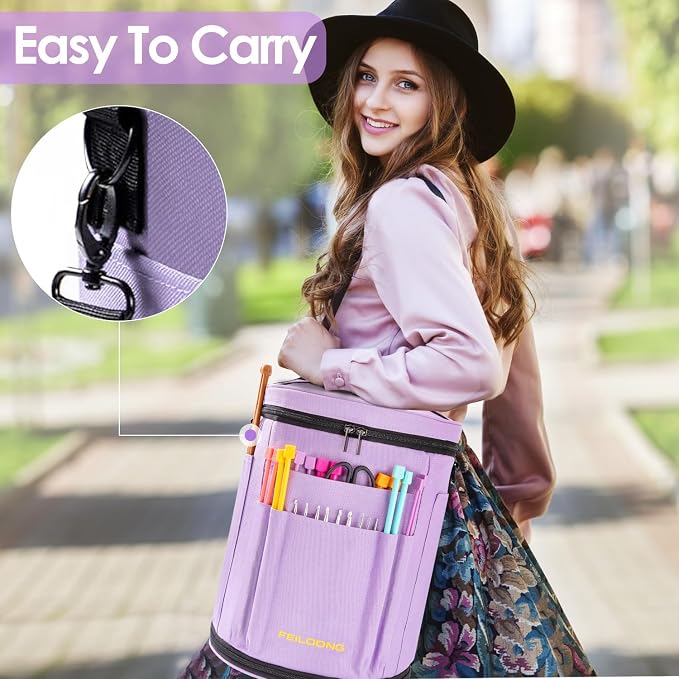 FEILOONG Yarn Bag Organizer, Expandable Crochet Knitting Storage, Purple | Large Capacity, Portable with shoulder strap, Durable Fabric, Multiple Pockets, Expandable, Come with Accessories Case