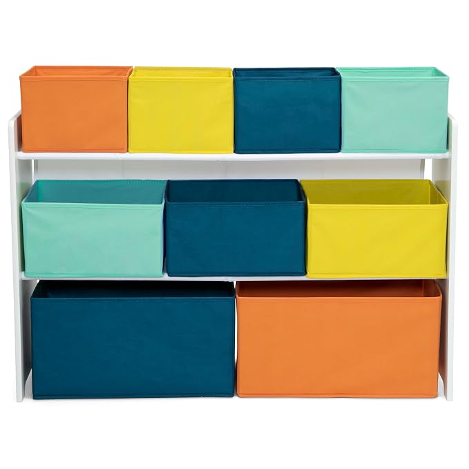 Delta Children Deluxe Multi-Bin Toy Organizer with Storage Bins - Greenguard Gold Certified, White with Navy/Green/Pastel Bins