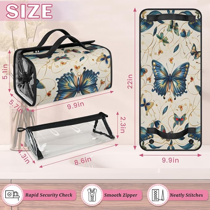 Butterfly Makeup Bag for Women Hanging Roll-Up Travel Organizer Toiletry Kit with 4 Removable Compartments, Vintage Floral