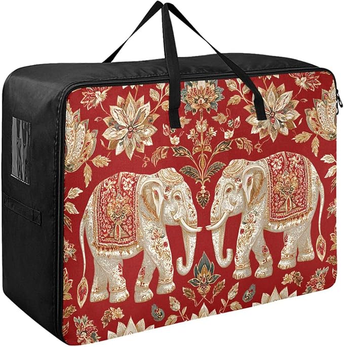 Comforter Storage Bags Large Folding Blanket Organizer Bag with Strong Handles Clear Window Closet Storage Containers for Clothes King Queen Pillows Bedding Quilt Duvet Red Elephants Florals Or
