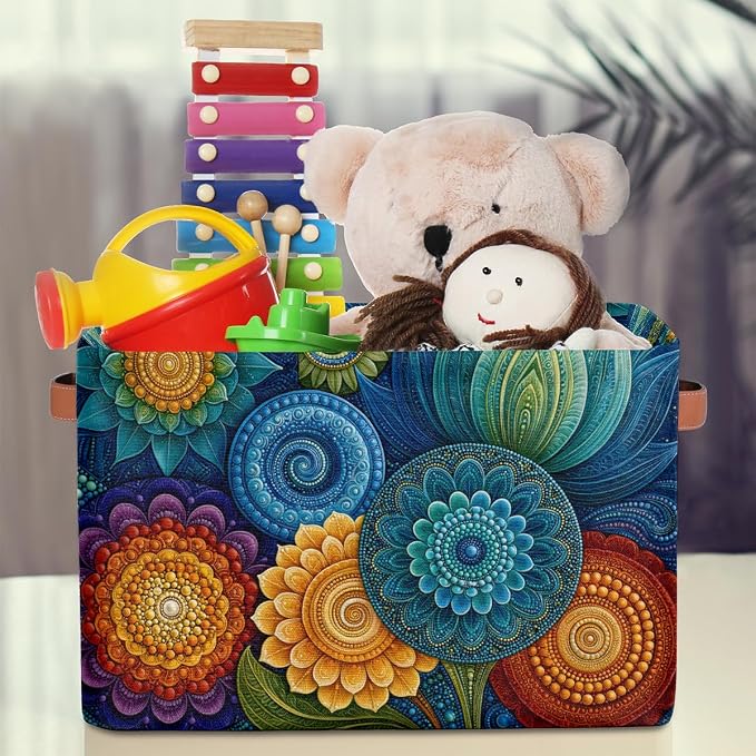 Mandala Basket Storage Bins Rectangle Canvas Basket Cube Storage Box | Nursery Foldable Basket with Handle for Kids Girls Boys Toys Living Room Closet Organizer Shelf Gifts Colorful Bohemian