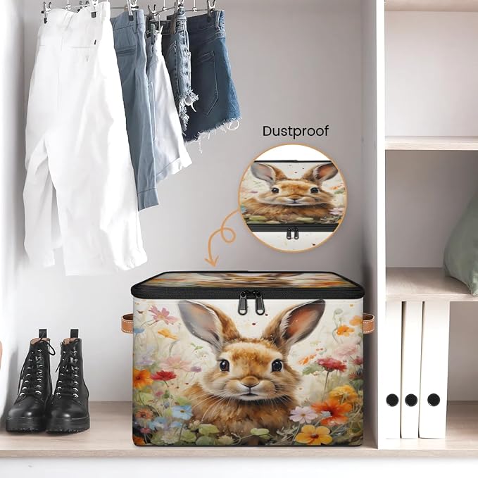 Pardick Storage Bin Easter Bunny Rabbit Storage Basket with Zipper Lid & Handle Foldable Storage Box Cube Bins Clothes Organizer for Closet, Bedroom