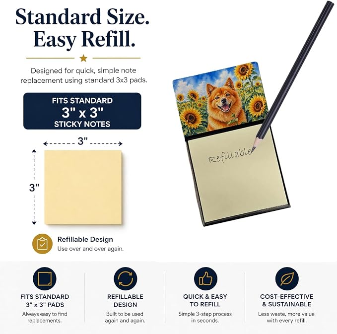 Caroline's Treasures Finnish Spitz in Sunflowers Watercolor Sticky Note Holder Refillable Dispenser Desk Accessory 3x3 Pad Gift