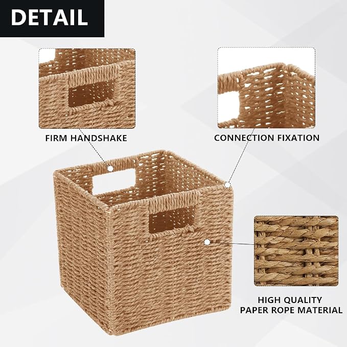 6 Pack 8.7 Inch Wicker Baskets, Hand Paper Rope Storage Baskets | Foldable Cube Storage Bins Organizer Square Wicker Cubes for Shelves Pantry Organizing & Decor