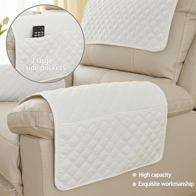 Armrest Covers Armchair Slipcover, Couch Arm Covers Recliner Covers with Storage Pockets Armrest Protector for Chair Sofa(White,1 Seat | 3 Piece Set)