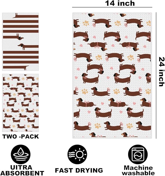 2 Pcs Cute Dachshund Kitchen Towels 24x14 Inch, Dachshund Gifts Reusable Dish Towels for Kitchen Bathroom Decor, Waffle Weave Hand Cloth Tea Towel, Cute Weiner Dog Gifts for Women Mom Friend
