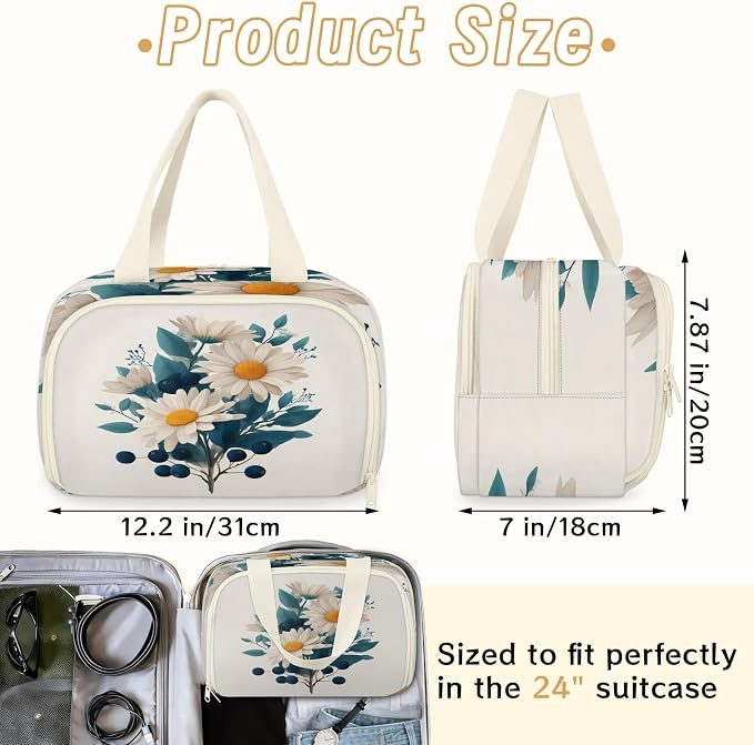 Daisy Flower Travel Toiletry Bag for Women | Vintage Lightweight Waterproof Makeup Cosmetic Bag Large Tote Organizer for Traveling, Toiletries, Accessories