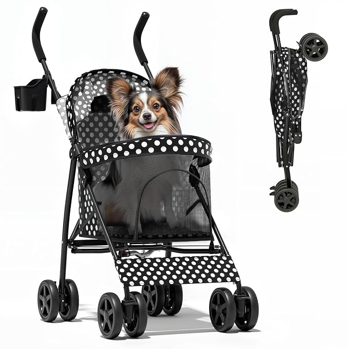 Magshion Compact Fold Pet Travel Stroller for Small Dogs Cats | Up to 22lbs, 4-Wheel Lightweight Umbrella Shaped Design, Safety Tethers, Breathable Mesh, Cup Holder & Rear Storage