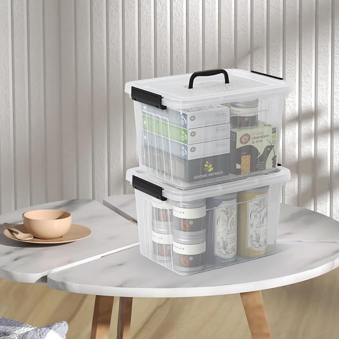 12L Clear Plastic Storage Bin with Handle, 4 Pack | Lidded Stackable Storage Boxes, BPA-Free, See-Through Organizer Totes for Closet, Pantry, Office