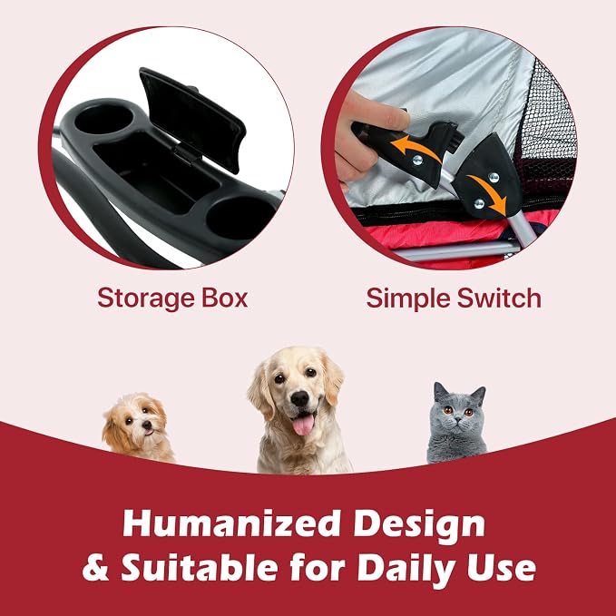 HGS Pet Cat Dog Stroller 4 Wheels Jogger Puppy Travel Carrier Portable Doggie Cage Strolling Cart with Cup Holders, 35Lbs Capacity Folding Waterproof Strolling Cart for Medium Dogs Cats Pet, Red