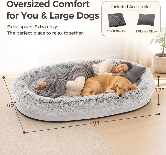 Human Dog Bed for Adult, 71"x48" Large Pet Dog Bed, Light Grey | Adult Dog Bed for Humans with Pillow & Blanket, Fluffle Cloud Dog Bed with Orthopedic Foam Bolster, Durable Zipper, Portable