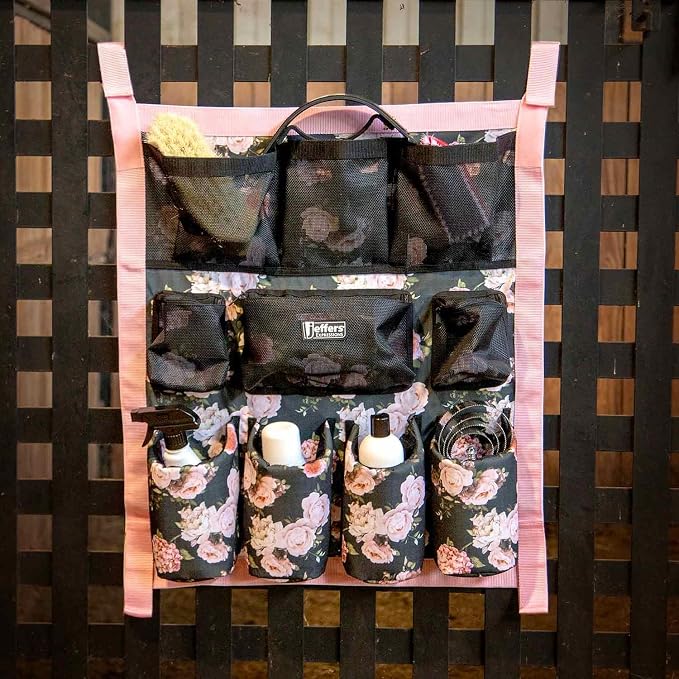 Jeffers Expression Trailer Door Horse Grooming Caddy, Easy Hang Portable Equestrian Organizer, Mesh Pockets, Zippered Compartment, Padded Pockets for Brushes, Water Bottle, Accessories - Rose Garden