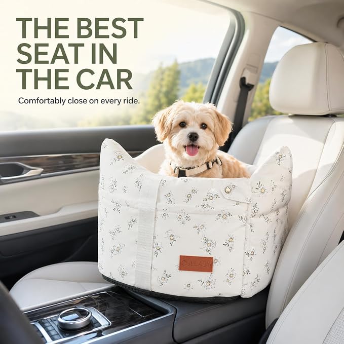 Center Console Dog Car Seat for Small Dogs (Off White) | 5 to 15 lbs, Pet Travel Booster Seat with Safety Leash, Detachable Seat Belt, and Storage Pockets
