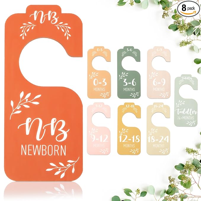Giftacity 8-Piece Baby Closet Dividers for Clothes Size Hanger Organizer | Colorful Wooden Double-Sided, from Newborn to 24 Months for Baby Room Decor, Nursery Furniture Essentials, Baby Shower Gifts