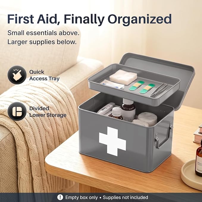 Flexzion Large Metal First Aid Box Empty, 8.5-Inch, Gray with White Cross | Vintage Medicine Box and First Aid Storage Organizer with Removable Tray and Dividers; Empty Box Only, Supplies Not Included