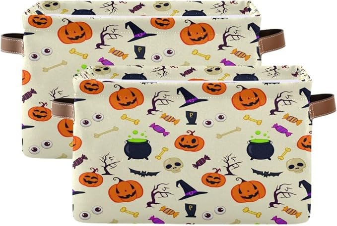 Kigai Storage Basket, Fabric Collapsible Closet Organizer Bin | Halloween Pumpkin Waterproof Foldable Canvas Basket with Handles for Shelves, Nursery, Closet, Bedroom & Bathroom
