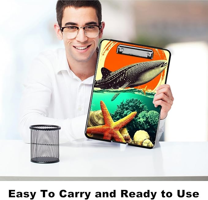 Heavy Duty Storage Clipboard, Slim Nursing Clipboard with Internal Pen Case, Portable File Organizer Case for A4 Letter Size Paper Office Medical Professionals, Whale Sunset Starfish