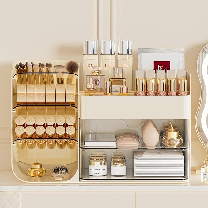 Cute Makeup Organizer Countertop for Vanity Bathroom Organizer, Cream | Beauty Organizers and Storage with Brush Holder and Drawer, Make up Organizer for Perfume Lotions Psticks, Eyeshadow Palettes
