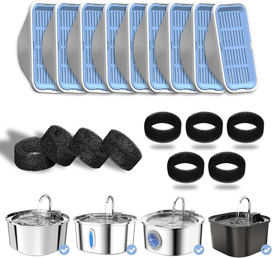 PEKTACO Cat Water Fountain Filters Replacement & Pre-Filter Sponges for 3.2L/108oz Automatic Pet Fountain, Dog Water Dispenser 9 Pack Filters & 9 Pre-Filter Sponges Foam Filters