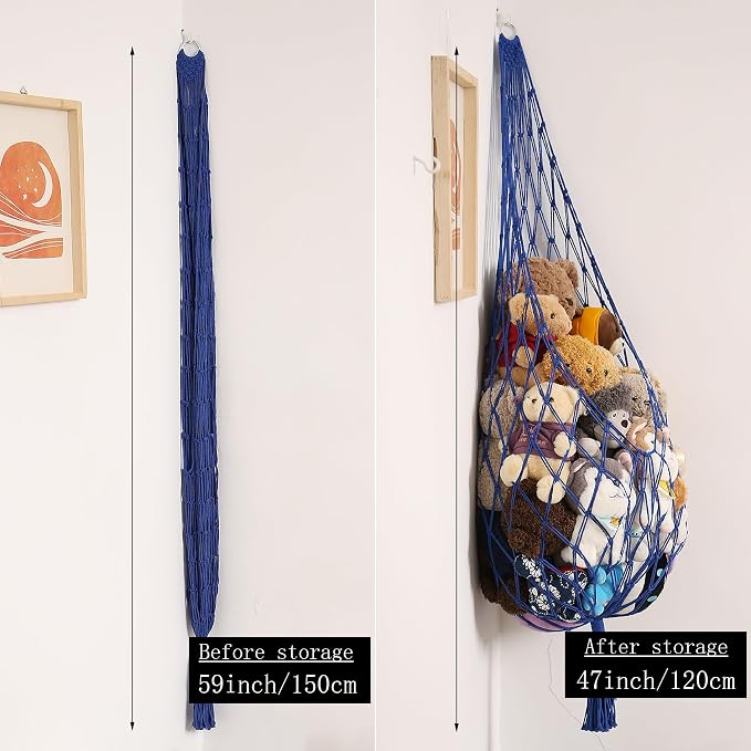 Amdermi Stuffed Animal Storage Toy Hammock Corner Hanging Net for Stuff Animal Storage Macrame Toy Display Plushie Toy Holder-Wall Hanging Net for Kid Bedroom Decor Playroom Organizer (Blue)