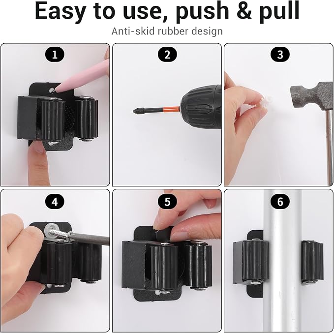24 PCS Heavy Duty Broom Holder Wall Mount, Stainless Steel Broom Hanger Wall Mount with Screws - Black Mop & Garden Tool Organizer Rack for Garage, Kitchen, Laundry Room Storage