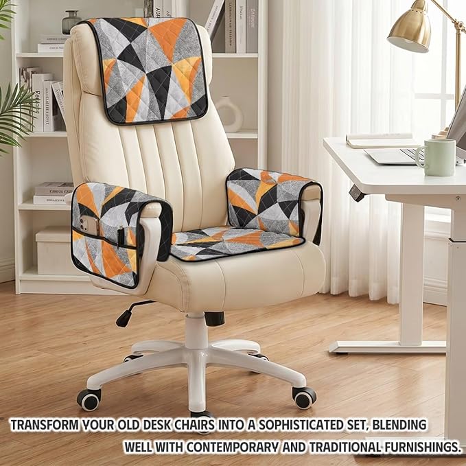 Abstract Geometric Recliner Chair Covers 4 Piece Washable | Modern Quilted Recliner Protectors with Pockets Non Slip Armchair Arm Covers Fit for Leather Seat Home Office,Stain Resistant