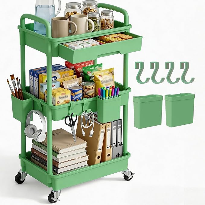 3 Tier Rolling Utility Cart with Drawer, Plastic Storage Organizer Rolling Carts with Wheels Handles Hanging Cups Hooks for Office, Bathroom, Kitchen,Craft Art Room (Green)